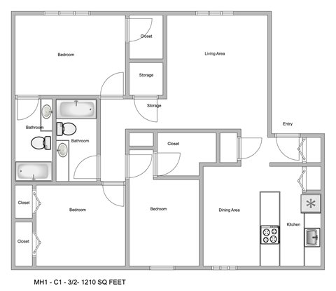 a typical floor plan of a 1 bedroom apartment